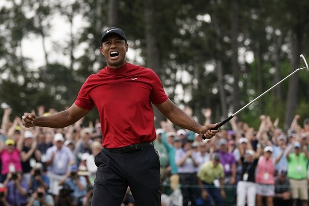 Tiger Woods reacts as he wins the Masters golf tournament Sunday, April 14, 2019, in Augusta, Ga. (AP Photo/David J. Phillip)