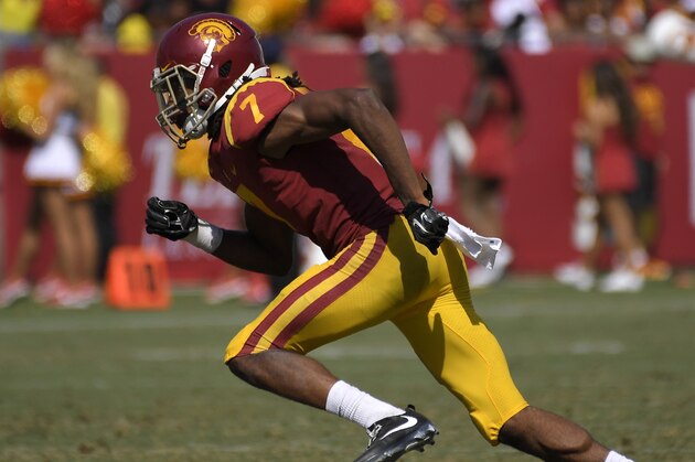 Southern California safety Marvell Tell III runs a play during the second half of an NCAA college football game against UNLV Saturday, Sept. 1, 2018, in Los Angeles. USC won 43-21. (AP Photo/Mark J. Terrill)