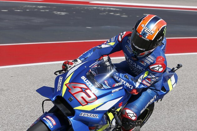 AUSTIN, TEXAS - APRIL 14: Alex Rins of Spain and Team Suzuki Ecstar comes into the pits after warm ups before the MotoGP at Circuit of The Americas on April 14, 2019 in Austin, Texas. (Photo by Chris Covatta/Getty Images)