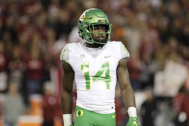 Oregon defensive back Ugo Amadi (14) walks on the field during the second half of an NCAA college football game against Washington State in Pullman, Wash., Saturday, Oct. 1, 2016. (AP Photo/Young Kwak)