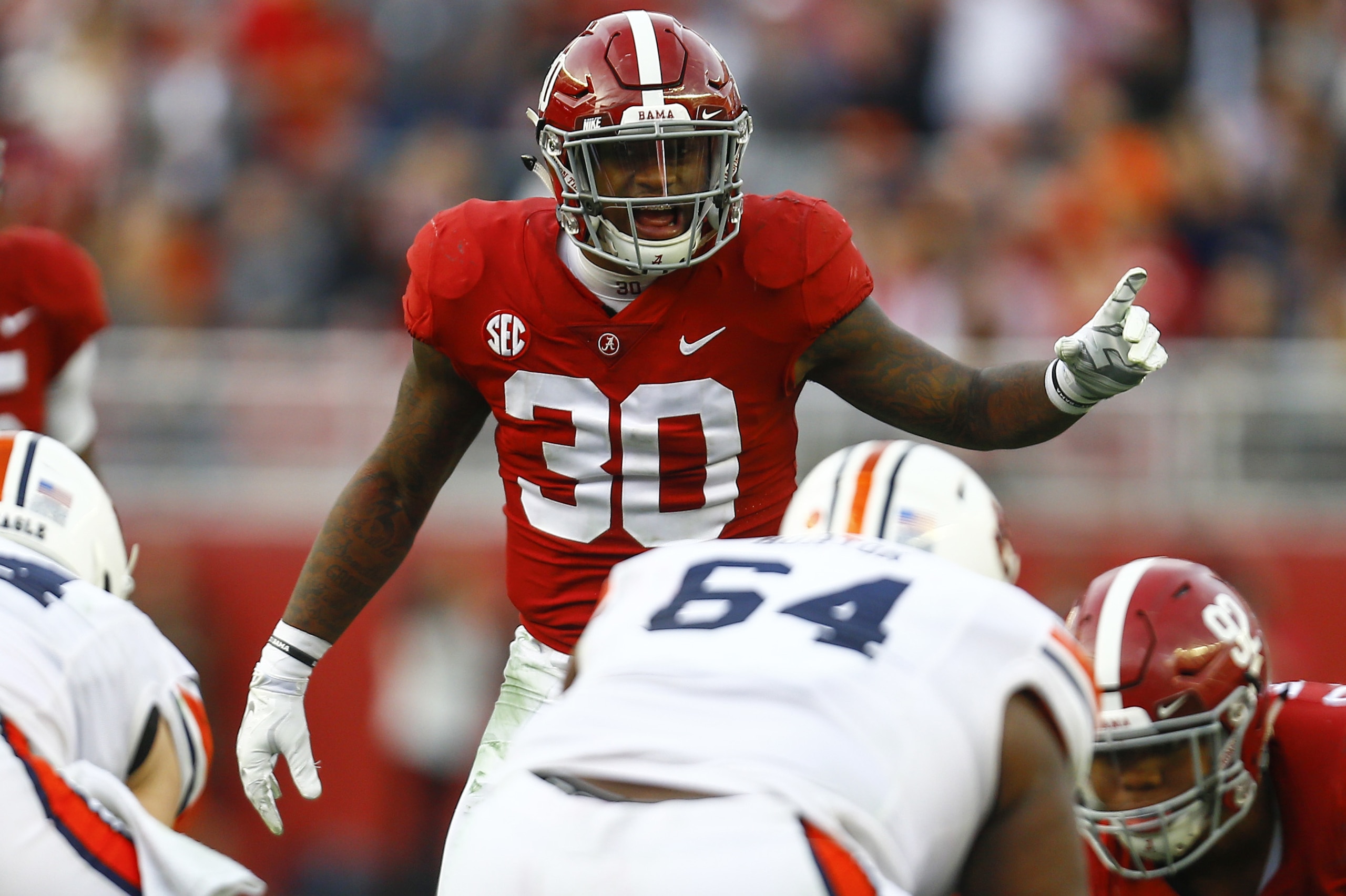 Alabama linebacker Mack Wilson (30) lines up for the play against Auburn during the first half of an NCAA college football game, Saturday, Nov. 24, 2018, in Tuscaloosa, Ala. (AP Photo/Butch Dill)