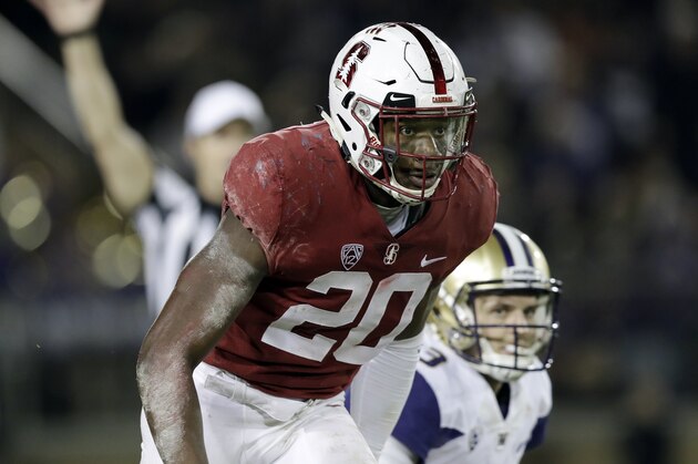 Stanford linebacker Bobby Okereke during the second half of an NCAA college football game against Washington Friday, Nov. 10, 2017, in Stanford, Calif. Stanford won 30-22. (AP Photo/Marcio Jose Sanchez)