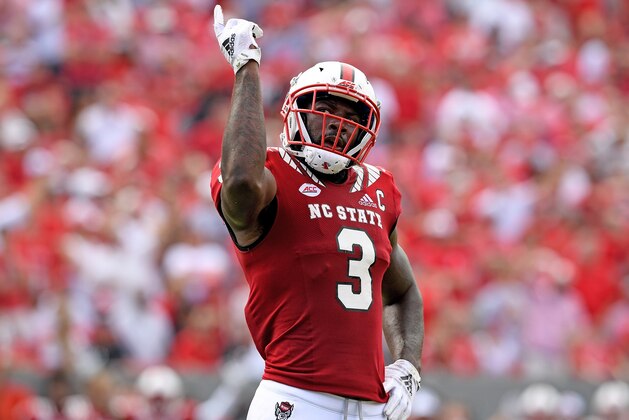 RALEIGH, NC - OCTOBER 06:  Germaine Pratt #3 of the North Carolina State Wolfpack reacts after recoving a fumble by the Boston College Eagles during their game at Carter-Finley Stadium on October 6, 2018 in Raleigh, North Carolina. North Carolina State won 28-23.  (Photo by Grant Halverson/Getty Images)