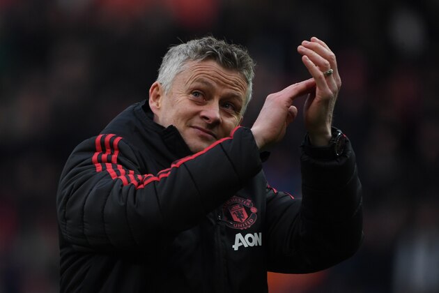 Manchester United's Norwegian manager Ole Gunnar Solskjaer reacts after the final whistle during the English Premier League football match between Manchester United and West Ham United at Old Trafford in Manchester, north west England, on April 13, 2019. (Photo by Paul ELLIS / AFP) / RESTRICTED TO EDITORIAL USE. No use with unauthorized audio, video, data, fixture lists, club/league logos or 'live' services. Online in-match use limited to 120 images. An additional 40 images may be used in extra time. No video emulation. Social media in-match use limited to 120 images. An additional 40 images may be used in extra time. No use in betting publications, games or single club/league/player publications. /         (Photo credit should read PAUL ELLIS/AFP/Getty Images)