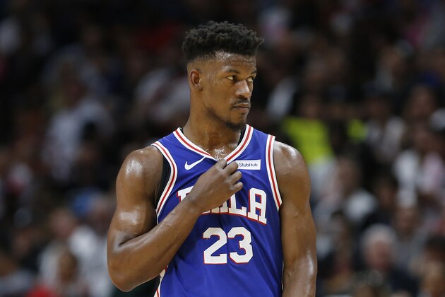 MIAMI, FLORIDA - APRIL 09:  Jimmy Butler #23 of the Philadelphia 76ers looks on against the Miami Heat during the first half at American Airlines Arena on April 09, 2019 in Miami, Florida. NOTE TO USER: User expressly acknowledges and agrees that, by downloading and or using this photograph, User is consenting to the terms and conditions of the Getty Images License Agreement.  (Photo by Michael Reaves/Getty Images)