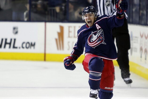 Columbus Blue Jackets' Cam Atkinson celebrates his goal against the Tampa Bay Lightning during the third period of Game 3 of an NHL hockey first-round playoff series, Sunday, April 14, 2019, in Columbus, Ohio. The Blue Jackets beat the Lightning 3-1. (AP Photo/Jay LaPrete)
