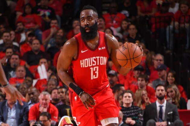 HOUSTON, TX - APRIL 14: James Harden #13 of the Houston Rockets handles the ball against the Utah Jazz during Game One of Round One of the 2019 NBA Playoffs on April 14, 2019 at the Toyota Center in Houston, Texas. NOTE TO USER: User expressly acknowledges and agrees that, by downloading and or using this photograph, User is consenting to the terms and conditions of the Getty Images License Agreement. Mandatory Copyright Notice: Copyright 2019 NBAE (Photo by Bill Baptist/NBAE via Getty Images)