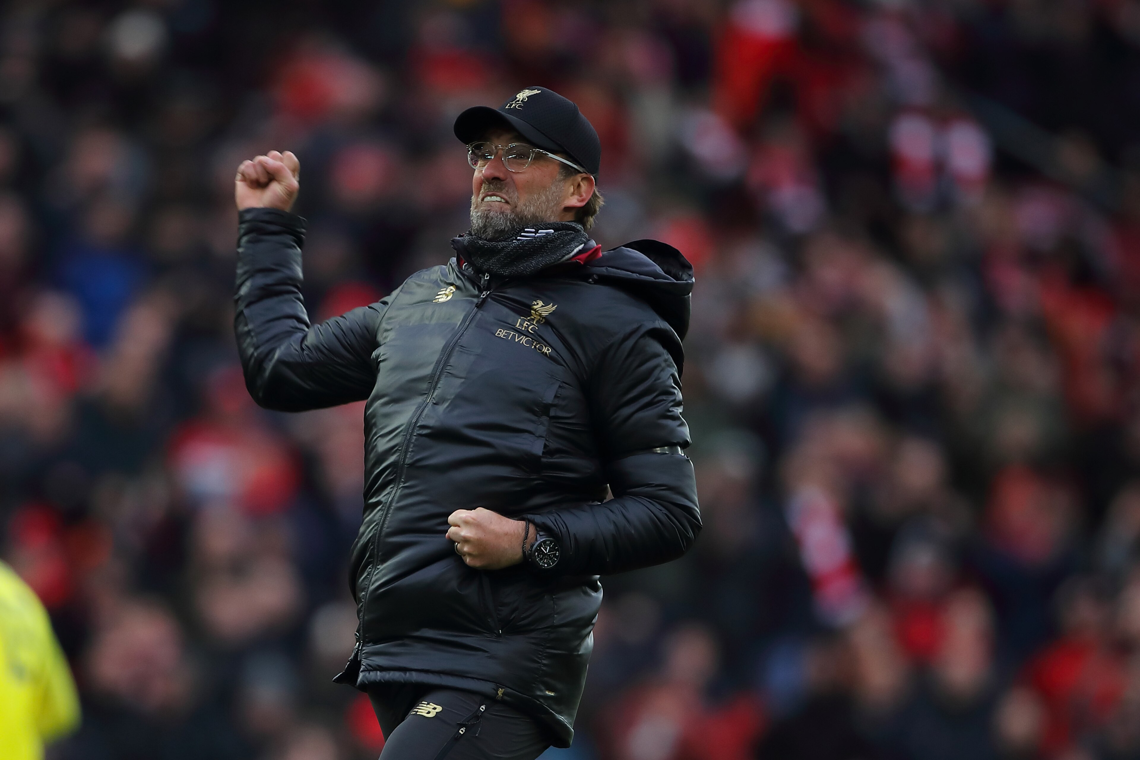 LIVERPOOL, ENGLAND - APRIL 14: Jurgen Klopp manager / head coach of Liverpool celebrates the 2-0 victory during the Premier League match between Liverpool FC and Chelsea FC at Anfield on April 14, 2019 in Liverpool, United Kingdom. (Photo by Matthew Ashton - AMA/Getty Images)