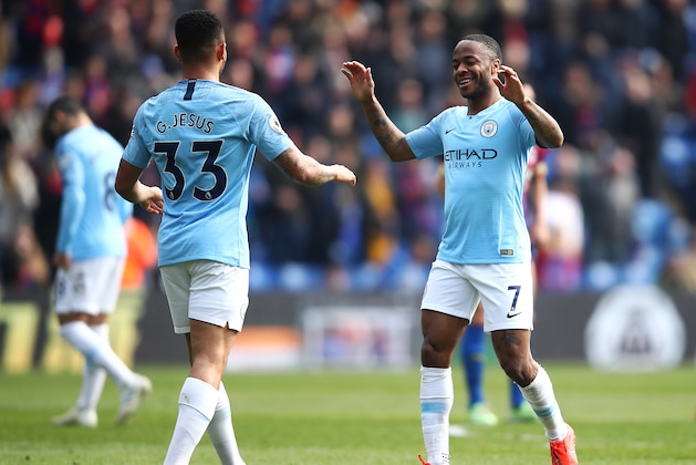 LONDON, ENGLAND - APRIL 14:  Goal scorers Raheem Sterling and Gabriel Jesus of Manchester City celebrate at full time after the Premier League match between Crystal Palace and Manchester City at Selhurst Park on April 14, 2019 in London, United Kingdom. (Photo by Julian Finney/Getty Images)