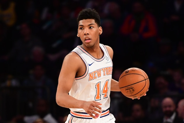 NEW YORK, NEW YORK - MARCH 17: Allonzo Trier #14 of the New York Knicks dribbles the ball during the second half of the game against the Los Angeles Lakers at Madison Square Garden on March 17, 2019 in New York City. NOTE TO USER: User expressly acknowledges and agrees that, by downloading and or using this photograph, User is consenting to the terms and conditions of the Getty Images License Agreement. (Photo by Sarah Stier/Getty Images)