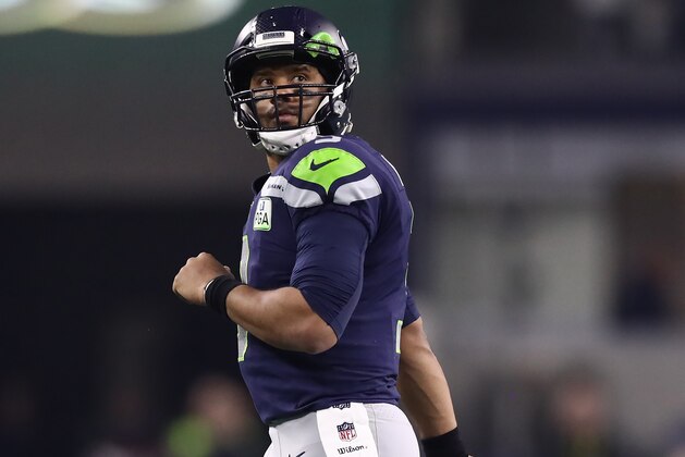 ARLINGTON, TEXAS - JANUARY 05:   Russell Wilson #3 of the Seattle Seahawks walks off the field after falling short on third down against the Dallas Cowboys in the Wild Card Round at AT&T Stadium on January 05, 2019 in Arlington, Texas. (Photo by Ronald Martinez/Getty Images)