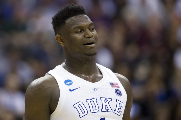 FILE - In this March 29, 2019 file photo, Duke forward Zion Williamson (1) reacts during an NCAA men's college East Regional semifinal basketball game against Virginia Tech in Washington, D.C. Williamson was named the John R. Wooden Men's Player of the year at the College Basketball Awards ceremony in Los Angeles Friday, April 12, 2019. (AP Photo/Alex Brandon, File)