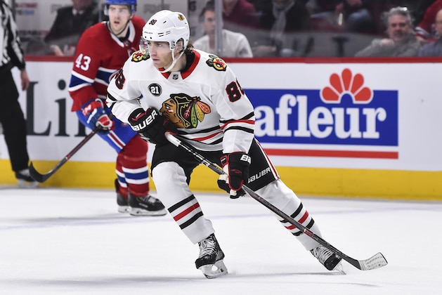MONTREAL, QC - MARCH 16:  Patrick Kane #88 of the Chicago Blackhawks skates against the Montreal Canadiens during the NHL game at the Bell Centre on March 16, 2019 in Montreal, Quebec, Canada.  The Chicago Blackhawks defeated the Montreal Canadiens 2-0.  (Photo by Minas Panagiotakis/Getty Images)