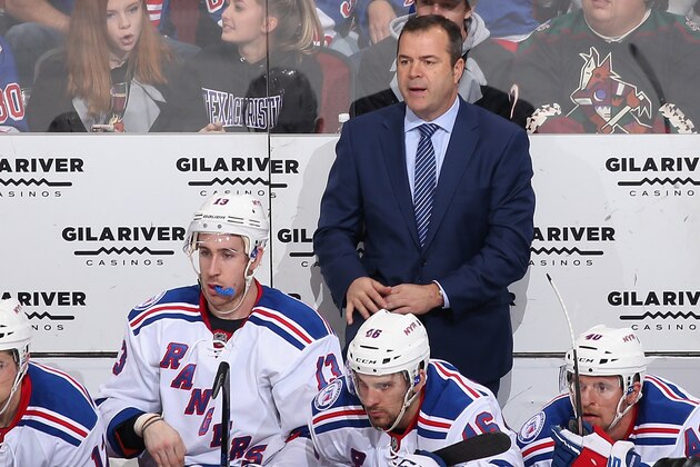 GLENDALE, AZ - DECEMBER 29:  Head coach Alain Vigneault of the New York Rangers watches from the bench during the third period of the NHL game against the Arizona Coyotes at Gila River Arena on December 29, 2016 in Glendale, Arizona. The Rangers defeated the Coyotes 6-3.  (Photo by Christian Petersen/Getty Images)