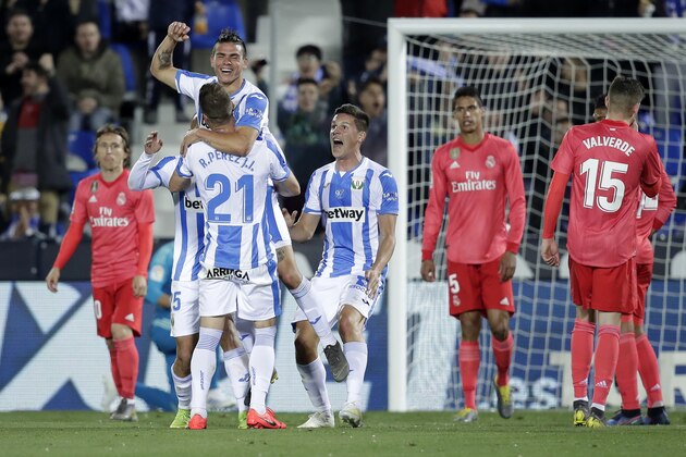 MADRID, SPAIN - APRIL 15: Jonathan Silva of Leganes celebrates with Ruben Perez of Leganes  during the La Liga Santander  match between Leganes v Real Madrid at the Estadio Municipal de Butarque on April 15, 2019 in Madrid Spain (Photo by David S. Bustamante/Soccrates/Getty Images)