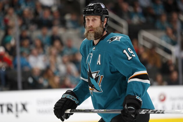 San Jose Sharks' Joe Thornton (19) skates on the ice against the Calgary Flames in the first period of an NHL hockey game in San Jose, Calif., Sunday, March 31, 2019. (AP Photo/Josie Lepe)