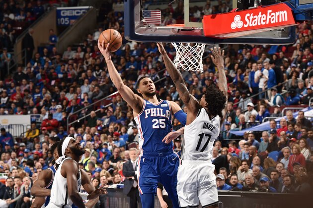 PHILADELPHIA, PA - APRIL 15: Ben Simmons #25 of the Philadelphia 76ers goes to the basket against the Brooklyn Nets in Game Two of Round One during the 2019 NBA Playoffs on April 15, 2019 at the Wells Fargo Center in Philadelphia, Pennsylvania. NOTE TO USER: User expressly acknowledges and agrees that, by downloading and/or using this photograph, user is consenting to the terms and conditions of the Getty Images License Agreement. Mandatory Copyright Notice: Copyright 2019 NBAE (Photo by David Dow/NBAE via Getty Images)