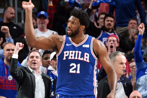 PHILADELPHIA, PA - APRIL 15: Joel Embiid #21 of the Philadelphia 76ers reacts during a game against the Brooklyn Nets during Game Two of Round One of the 2019 NBA Playoffs on April 15, 2019 at the Wells Fargo Center in Philadelphia, Pennsylvania NOTE TO USER: User expressly acknowledges and agrees that, by downloading and/or using this Photograph, user is consenting to the terms and conditions of the Getty Images License Agreement. Mandatory Copyright Notice: Copyright 2019 NBAE (Photo by Jesse D. Garrabrant/NBAE via Getty Images)