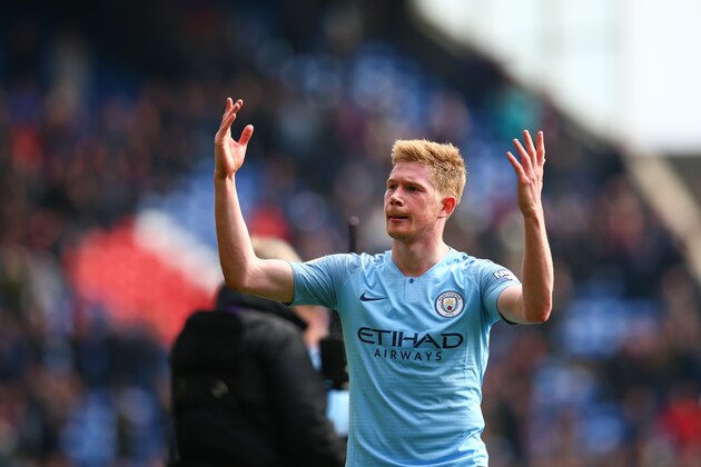 LONDON, ENGLAND - APRIL 14: Kevin De Bruyne of Manchester City celebrates after the Premier League match between Crystal Palace and Manchester City at Selhurst Park on April 14, 2019 in London, United Kingdom. (Photo by Craig Mercer/MB Media/Getty Images)