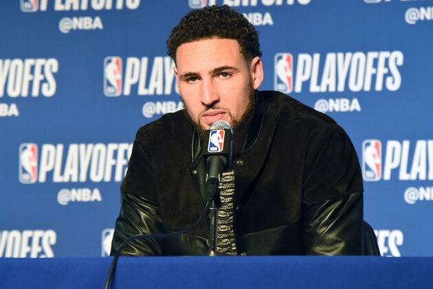 OAKLAND, CA - APRIL 15: Klay Thompson #11 of the Golden State Warriors speaks to the media after Game Two of Round One against the LA Clippers during the 2019 NBA Playoffs on April 15, 2019 at ORACLE Arena in Oakland, California. NOTE TO USER: User expressly acknowledges and agrees that, by downloading and/or using this photograph, user is consenting to the terms and conditions of Getty Images License Agreement. Mandatory Copyright Notice: Copyright 2019 NBAE (Photo by Andrew D. Bernstein/NBAE via Getty Images)