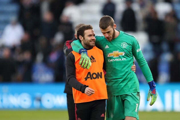 LEICESTER, ENGLAND - FEBRUARY 03: Juan Mata and David de Gea of Manchester United at full time of the Premier League match between Leicester City and Manchester United at The King Power Stadium on February 3, 2019 in Leicester, United Kingdom. (Photo by James Williamson - AMA/Getty Images)