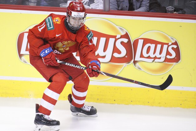 VANCOUVER , BC - JANUARY 4: Vasili Podkolzin #11 of Russia skates against the United States during a semi-final game at the IIHF World Junior Championships at Rogers Arena on January 4, 2019 in Vancouver, British Columbia, Canada.  (Photo by Kevin Light/Getty Images)