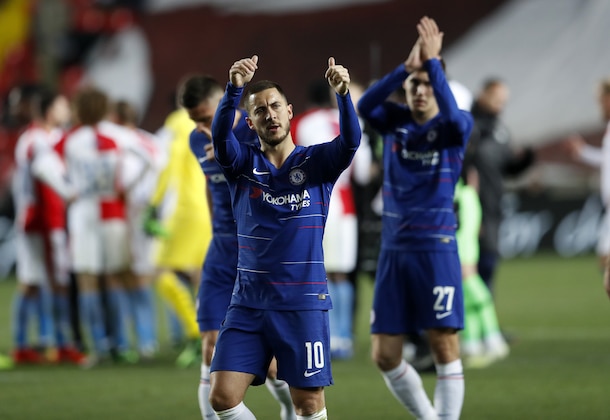 Chelsea's Eden Hazard applauds the fans after the UEFA Europa League quarterfinal soccer match between Slavia Prague and Chelsea at the Sinobo stadium in Prague, Czech Republic, Thursday, April 11, 2019. Chelsea won the match 0-1. (AP Photo/Petr David Josek)