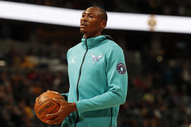 Charlotte Hornets center Bismack Biyombo (8) in the first quarter of an NBA basketball game Saturday, Jan. 5, 2019, in Denver. (AP Photo/David Zalubowski)