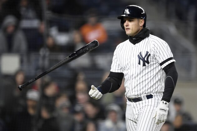 NEW YORK, NEW YORK - APRIL 01: Greg Bird #33 of the New York Yankees tosses his bat after striking out during the eighth inning of the game against the Detroit Tigers at Yankee Stadium on April 01, 2019 in the Bronx borough of New York City. (Photo by Sarah Stier/Getty Images)