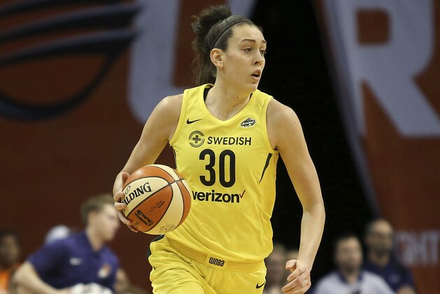 Seattle Storm forward Breanna Stewart advances the ball up court during the second half of Game 4 of a WNBA basketball playoff semifinal against the Phoenix Mercury, Sunday, Sept. 2, 2018, in Phoenix. (AP Photo/Ralph Freso)