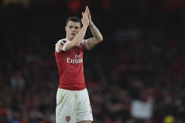 LONDON, ENGLAND - MARCH 14: Granit Xhaka of Arsenal gestures during the UEFA Europa League Round of 16 Second Leg match between Arsenal and Stade Rennes at Emirates Stadium on March 14, 2019 in London, United Kingdom. (Photo by TF-Images/Getty Images)
