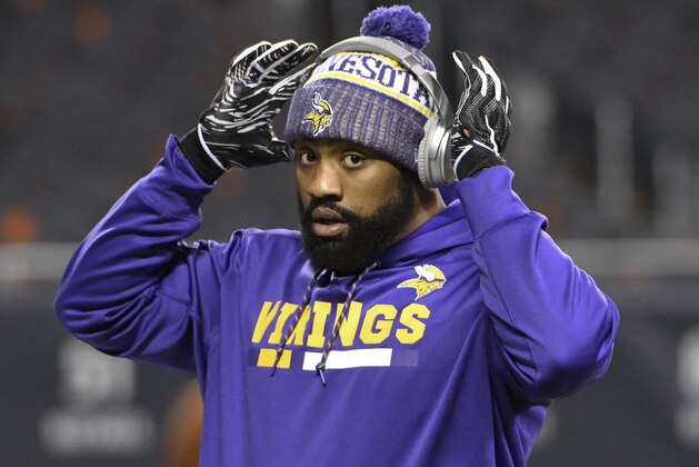 Minnesota Vikings defensive end Everson Griffen (97) warms up before an NFL football game Sunday, Nov. 18, 2018, in Chicago. (AP Photo/David Banks)