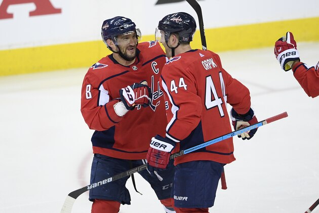 Washington Capitals left wing Alex Ovechkin (8), of Russia, celebrates with defenseman Brooks Orpik (44) after overtime in Game 2 of an NHL hockey first-round playoff series against the Carolina Hurricanes, Saturday, April 13, 2019, in Washington. The Capitals won 4-3 in overtime. (AP Photo/Nick Wass)