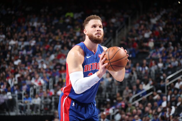 DETROIT, MI - APRIL 7 : Blake Griffin #23 of the Detroit Pistons shoots a free throw during the game against the Charlotte Hornets on April 7, 2019 at Little Caesars Arena in Detroit, Michigan. NOTE TO USER: User expressly acknowledges and agrees that, by downloading and/or using this photograph, User is consenting to the terms and conditions of the Getty Images License Agreement. Mandatory Copyright Notice: Copyright 2019 NBAE (Photo by Brian Sevald/NBAE via Getty Images)