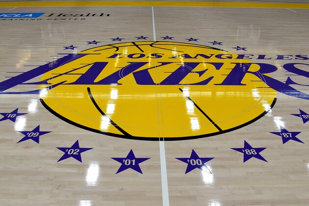 LOS ANGELES, CA - MAY 29:  View of the Los Angeles Lakers logo on the floor of  the UCLA Health Training Center, their training faculity, on May 29, 2018 in Los Angeles, California. NOTE TO USER: User expressly acknowledges and agrees that, by downloading and or using this photograph, User is consenting to the terms and conditions of the Getty Images License Agreement.  (Photo by Jayne Kamin-Oncea/Getty Images)