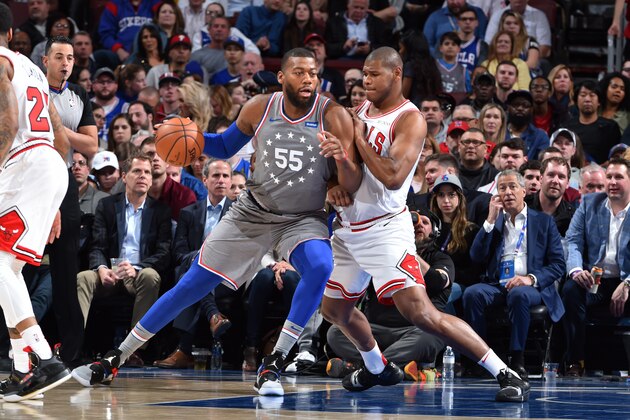 PHILADELPHIA, PA - APRIL 10: Greg Monroe #55 of the Philadelphia 76ers handles the ball against the Chicago Bulls on April 10, 2019 at the Wells Fargo Center in Philadelphia, Pennsylvania NOTE TO USER: User expressly acknowledges and agrees that, by downloading and/or using this Photograph, user is consenting to the terms and conditions of the Getty Images License Agreement. Mandatory Copyright Notice: Copyright 2019 NBAE (Photo by Jesse D. Garrabrant/NBAE via Getty Images)