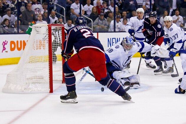 COLUMBUS, OH - APRIL 16:  Oliver Bjorkstrand #28 of the Columbus Blue Jackets beats Andrei Vasilevskiy #88 of the Tampa Bay Lightning for a goal during the second period of Game Four of the Eastern Conference First Round during the 2019 NHL Stanley Cup Playoffs on April 16, 2019 at Nationwide Arena in Columbus, Ohio.  (Photo by Kirk Irwin/Getty Images)