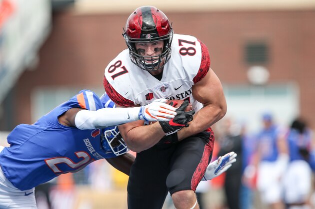 BOISE, ID - OCTOBER 6: Tight end Kahale Warring #87 of the San Diego State Aztecs runs for the end zone through the tackle of corner back Avery Williams #26 of the Boise State Broncos during first half action on October 6, 2018 at Albertsons Stadium in Boise, Idaho. (Photo by Loren Orr/Getty Images)