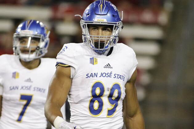 FILE - In this Sept. 8, 2018, file photo, San Jose State tight end Josh Oliver (89), quarterback Montel Aaron (7) and running back Michael Harris III (34) stand on the field during the second half of an NCAA college football game against Washington State in Pullman, Wash. San Jose State's offense sputtered last weekend in the 31-0 loss to the Washington State Cougars, with only nine rushing yards on 23 carries as they head into this weekend's game against Oregon in Eugene, Ore. (AP Photo/Young Kwak, File)