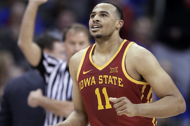 Iowa State guard Talen Horton-Tucker (11) celebrates a basket during the first half of the team's NCAA college basketball game against Kansas in the final of the Big 12 men's tournament in Kansas City, Mo., Saturday, March 16, 2019. (AP Photo/Orlin Wagner)
