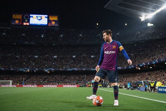 BARCELONA, SPAIN - APRIL 16: Lionel Messi of Barcelona seen during the UEFA Champions League Quarter Final second leg match between FC Barcelona and Manchester United at Camp Nou on April 16, 2019 in Barcelona, Spain. (Photo by Matthias Hangst/Getty Images)