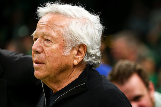 BOSTON, MA - APRIL 14:  Robert Kraft, owner of the New England Patriots looks on during Game One of the first round of the 2019 NBA Eastern Conference Playoffs between the Boston Celtics and the Indiana Pacers at TD Garden on April 14, 2019 in Boston, Massachusetts. NOTE TO USER: User expressly acknowledges and agrees that, by downloading and or using this photograph, User is consenting to the terms and conditions of the Getty Images License Agreement. (Photo by Adam Glanzman/Getty Images)