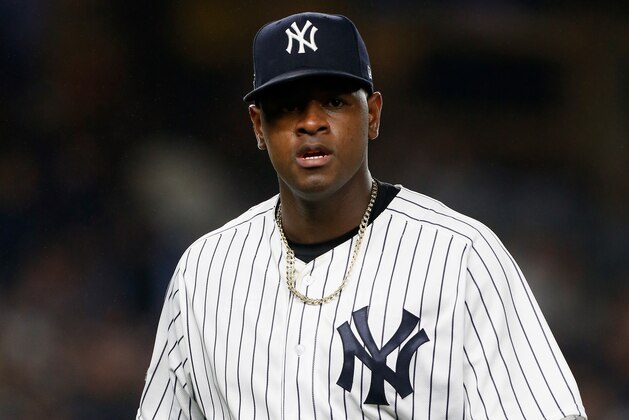 NEW YORK, NY - OCTOBER 08:  (NEW YORK DAILIES OUT)   Luis Severino #40 of the New York Yankees in action against the Boston Red Sox in Game Three of the American League Division Series at Yankee Stadium on October 8, 2018 in the Bronx borough of New York City. The Red Sox defeated the Yankees  16-1.  (Photo by Jim McIsaac/Getty Images)