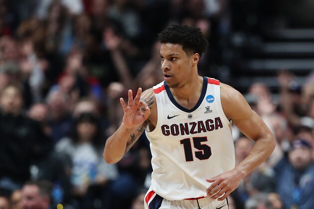 ANAHEIM, CALIFORNIA - MARCH 30: Brandon Clarke #15 of the Gonzaga Bulldogs celebrates after his team's made three pointer against the Texas Tech Red Raiders during the first half of the 2019 NCAA Men's Basketball Tournament West Regional at Honda Center on March 30, 2019 in Anaheim, California. (Photo by Sean M. Haffey/Getty Images)