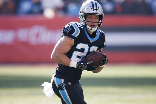 Carolina Panthers running back Christian McCaffrey rushes during the first half of an NFL football game against the Cleveland Browns, Sunday, Dec. 9, 2018, in Cleveland. (AP Photo/Ron Schwane)