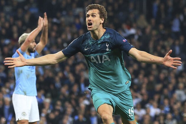 Tottenham Hotspur forward Fernando Llorente celebrates his side's third goal during the Champions League quarterfinal, second leg, soccer match between Manchester City and Tottenham Hotspur at the Etihad Stadium in Manchester, England, Wednesday, April 17, 2019. (AP Photo/Jon Super)