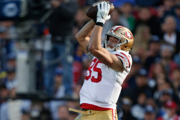 LOS ANGELES, CA - DECEMBER 30: George Kittle #85 of the San Francisco 49ers makes a reception during the game against the Los Angeles Rams at the LA Memorial Coliseum on December 30, 2018 in Los Angeles, California. The Rams defeated the 49ers 48-32. (Photo by Michael Zagaris/San Francisco 49ers/Getty Images)