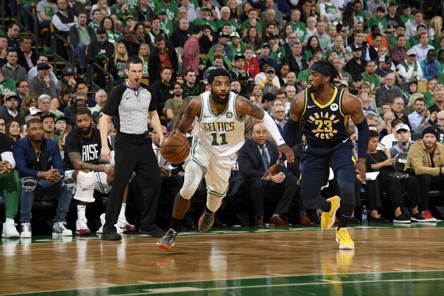 BOSTON, MA - APRIL 17: Kyrie Irving #11 of the Boston Celtics drives to the basket against the Indiana Pacers in Game Two of Round One of the 2019 NBA Playoffs against the Boston Celtics on April 17, 2019 at the TD Garden in Boston, Massachusetts.  NOTE TO USER: User expressly acknowledges and agrees that, by downloading and or using this photograph, User is consenting to the terms and conditions of the Getty Images License Agreement. Mandatory Copyright Notice: Copyright 2019 NBAE  (Photo by Brian Babineau/NBAE via Getty Images)