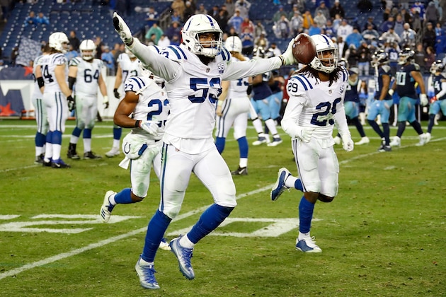 NASHVILLE, TN - DECEMBER 30:  Darius Leonard #53 of the Indianapolis Colts celebrates after a touchdown against the Tennessee Titans at Nissan Stadium on December 30, 2018 in Nashville, Tennessee.  (Photo by Frederick Breedon/Getty Images)