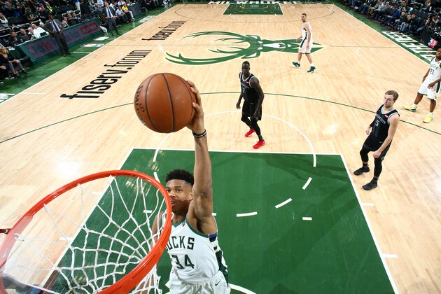 MILWAUKEE, WI - APRIL 17: Giannis Antetokounmpo #34 of the Milwaukee Bucks goes to the basket against the Detroit Pistons during Game Two of Round One of the 2019 NBA Playoffs on April 17, 2019 at the Fiserv Forum in Milwaukee, Wisconsin. NOTE TO USER: User expressly acknowledges and agrees that, by downloading and/or using this photograph, user is consenting to the terms and conditions of the Getty Images License Agreement. Mandatory Copyright Notice: Copyright 2019 NBAE (Photo by Nathaniel S. Butler/NBAE via Getty Images)